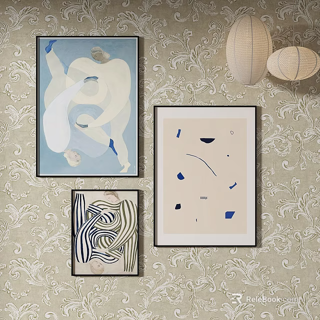 Three Abstract Paintings Hanging on Patterned Wall with Lantern Style Lights 3d model