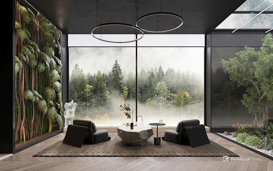 Cozy Tea Room with Hanging Circular Lights Black Armchairs Stone Table and Scenic Forest View 3d model 