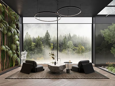 Cozy Tea Room with Hanging Circular Lights Black Armchairs Stone Table and Scenic Forest View 3d model