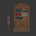 Classical Wooden Wardrobe With Carved Details And Multiple Shelves Holding Folded Clothes And Shoes