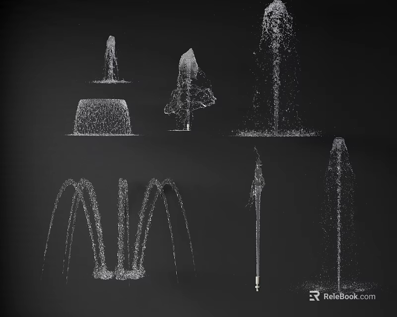 Various Decorative Water Fountain Designs Featuring Unique Spray Patterns and Styles 3d model