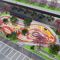Children's Playground With Colorful Ground Design Circular Play Structures And Pink Cherry Blossom Trees