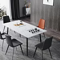Modern Dining Table Set with White Marble Top Black Metal Legs and Colorful Chairs