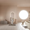 Modern Double Washbasin with Concrete Countertop and Oval Backlit Mirror