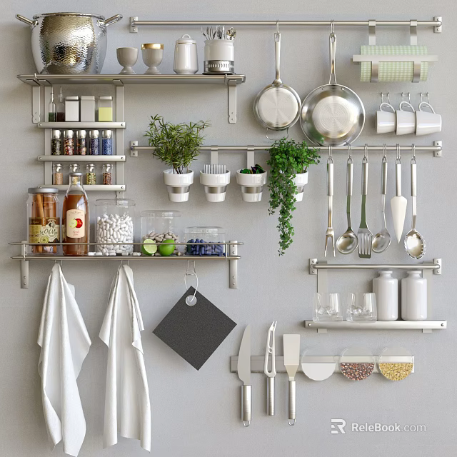 Organized Kitchen Shelves With Hanging Pans Spices Herbs And Cooking Utensils 3d model 