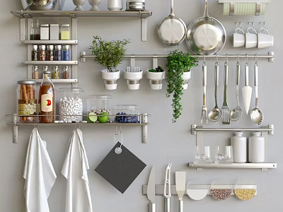 Organized Kitchen Shelves With Hanging Pans Spices Herbs And Cooking Utensils 3d model