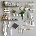 Organized Kitchen Shelves With Hanging Pans Spices Herbs And Cooking Utensils