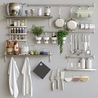 Organized Kitchen Shelves With Hanging Pans Spices Herbs And Cooking Utensils 3d model
