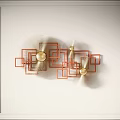 Modern Artistic Wall Decor With Orange Square Frames Golden Spheres And White Mesh Elements 3d model