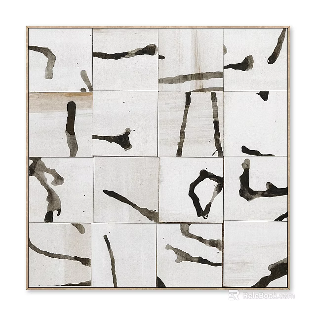 Abstract Black Ink Patterns On White Square Tiles For Decorative Wall Art 3d model 