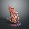 Two Brown Wooden Owl Sculptures Perched On Branch With Green Leaves Red Berries And Base