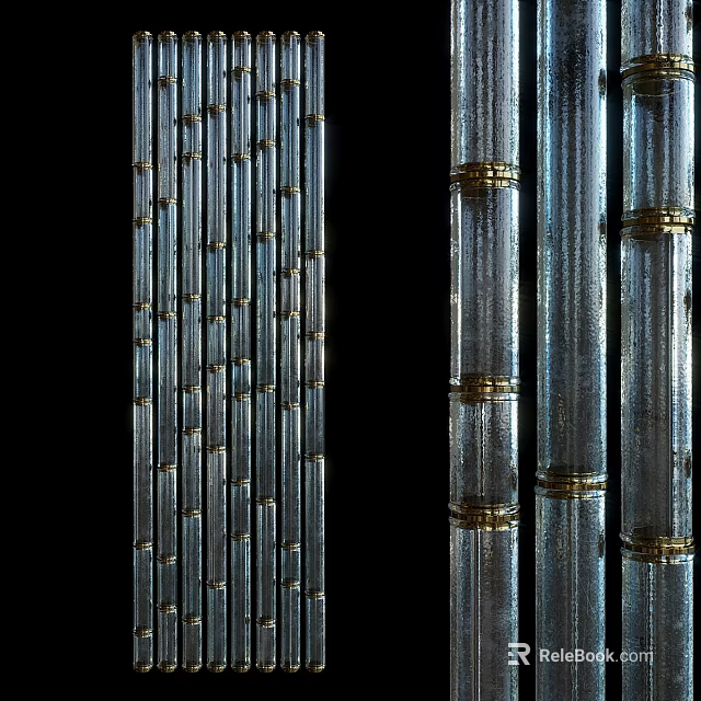 Transparent Glass Partition With Vertical Columns And Gold Metal Rings 3d model 