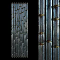 Transparent Glass Partition With Vertical Columns And Gold Metal Rings