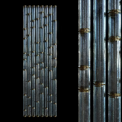 Transparent Glass Partition With Vertical Columns And Gold Metal Rings 3d model