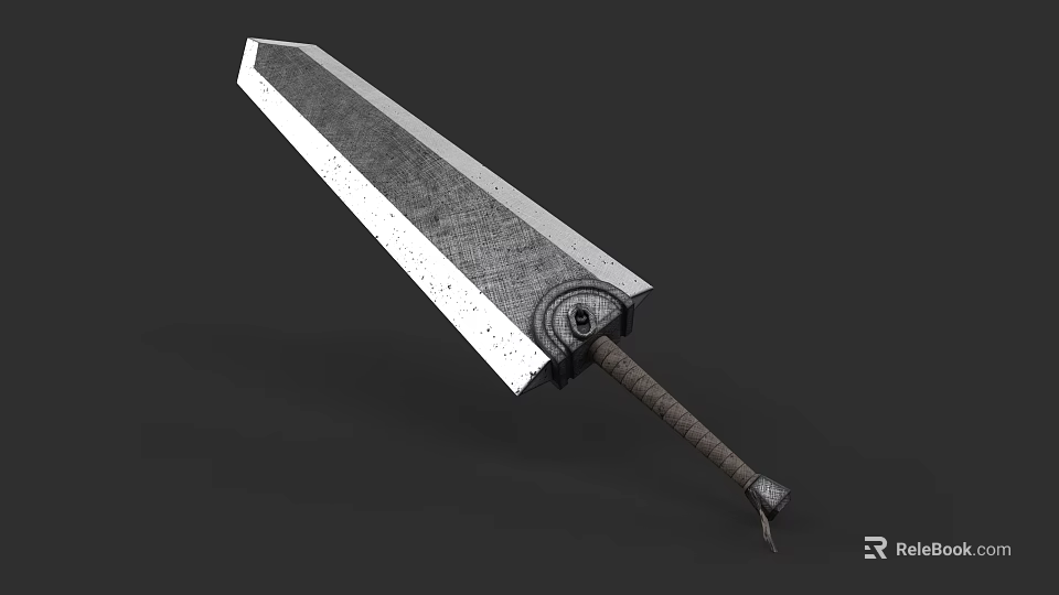 Broad Medieval Sword With Textured Metal Blade And Brown Leather Wrapped Hilt 3d model 