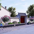 Chinese Traditional Entrance Gate With Red Door White Walls Gray Tiles And Decorative Plaque