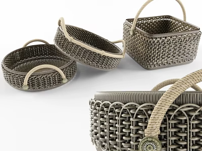 Woven Storage Baskets For Household Use With Handles And Textured Design 3d model