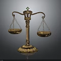 Golden Balance Scales with Green Gemstone on Top and Decorative Metallic Base Against Dark Background
