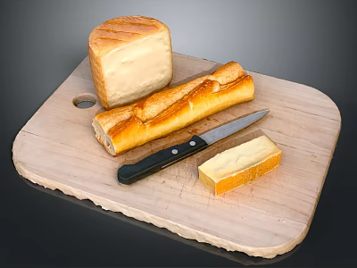 Fresh Baked Bread And Baguette On Wooden Cutting Board With Butter Slice And Knife 3d model