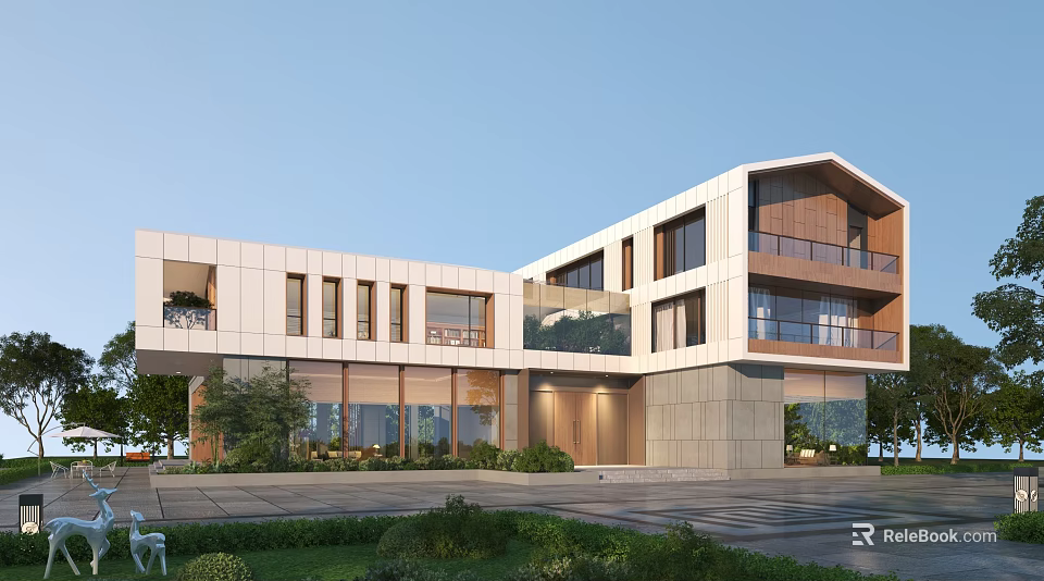 Modern Detached Villa With Large Glass Windows White And Gray Exterior Greenery Surroundings 3d model 