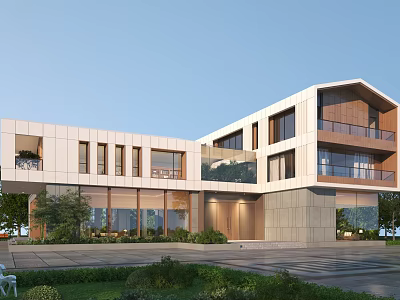 Modern Detached Villa With Large Glass Windows White And Gray Exterior Greenery Surroundings 3d model