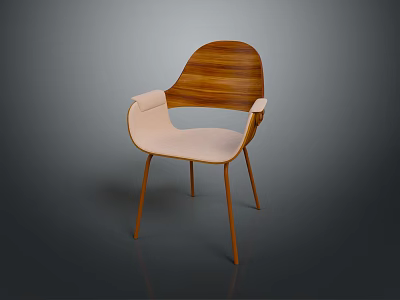 Modern Design Single Chair With Wooden Backrest Light Colored Seat Cushion And Metal Legs 3d model