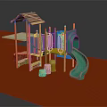 Playground Equipment Featuring Green Slide Pink Climbing Frame Wooden Top And Stump Steps
