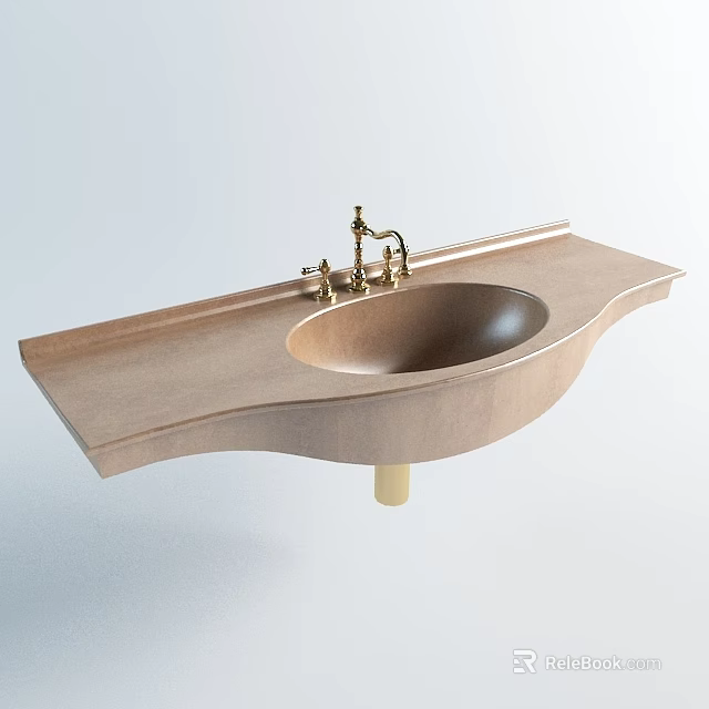 Modern Wooden Countertop Sink Basin With Gold Faucet Wall Mounted Design 3d model 