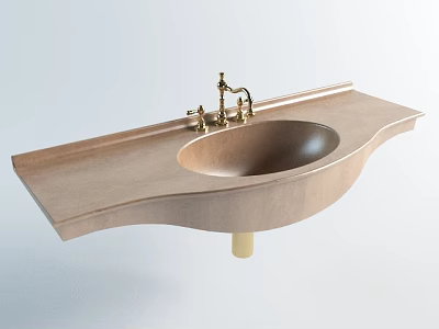 Modern Wooden Countertop Sink Basin With Gold Faucet Wall Mounted Design 3d model