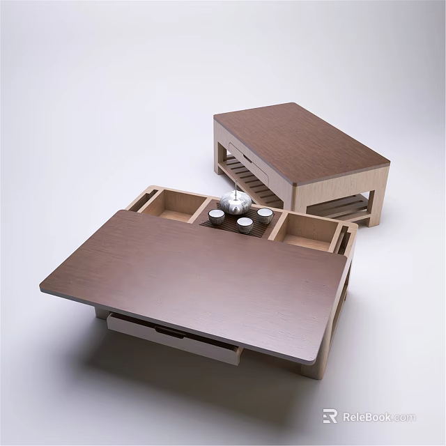 Modern Wooden Coffee Table With Storage Drawers And Open Shelves 3d model 