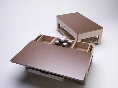 Modern Wooden Coffee Table With Storage Drawers And Open Shelves 3d model