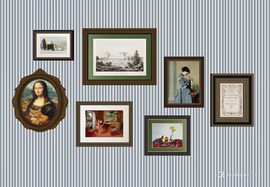 Multiple Framed Wall Art Pieces With Various Themes And Decorative Styles On Striped Background 3d model 