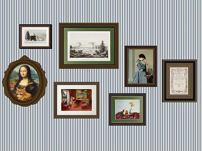 Multiple Framed Wall Art Pieces With Various Themes And Decorative Styles On Striped Background 3d model