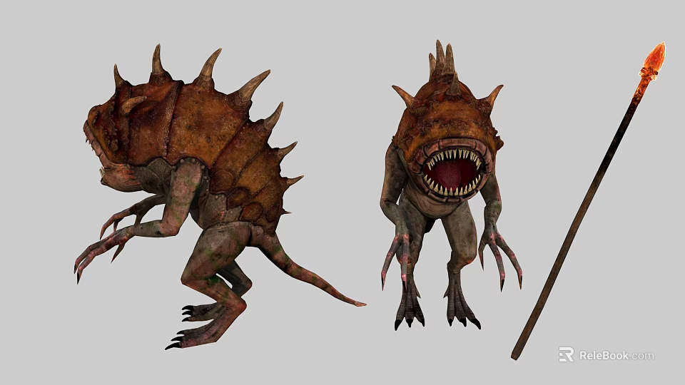 Two Spiked Fantasy Creature Characters With Sharp Teeth Claws And Staff 3d model 