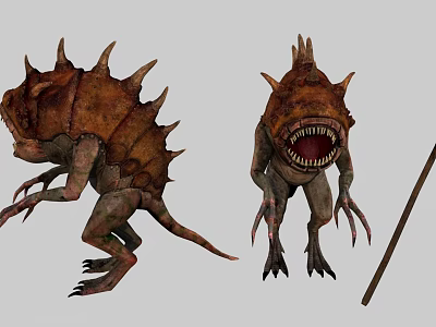 Two Spiked Fantasy Creature Characters With Sharp Teeth Claws And Staff 3d model