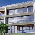 Duplex Villa Modern Exterior With Large Glass Windows Multi Floor Design Greenery And Blue Sky Surroundings