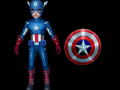 Game Character Inspired Captain America In Blue Uniform With White Star Red Gloves Boots Shield 3d model