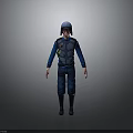 3D Character Model In Blue Uniform With Helmet Standing On Dark Background