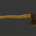 Rusty Axe With Yellow Wooden Handle And Metal Head On Dark Reflective Surface