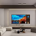 Modern Living Room Interior With Large Screen TV Light Colored Sofa And Decorative Items