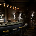 Modern Industrial Café Interior With Bar Counter High Stools Pendant Lights And Wooden Floors