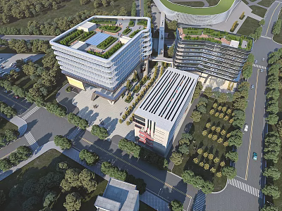 Modern Multi Building Complex With Green Roofs Surrounding Trees And Urban Roads 3d model