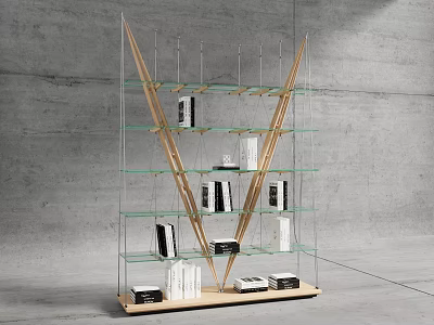 Modern Geometric Bookcase Design With Glass Shelves Wooden Frame And Books 3d model