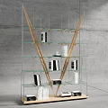 Modern Geometric Bookcase Design With Glass Shelves Wooden Frame And Books