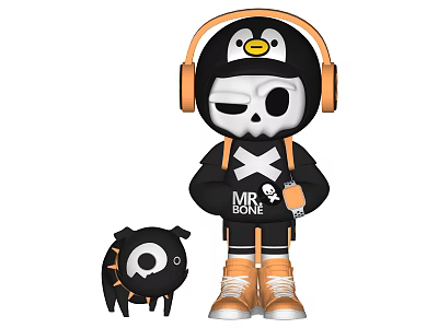 MR BONE Skull Figure With Headphones Penguin Design Orange Shoes And Small Companion 3d model
