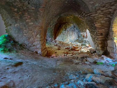 Ancient Stone Arch Ruins Landscape with Rubble Greenery and Sunlight Streaming Through 3d model