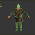 Medieval Warrior Character 3D Model Wearing Red Robe Helmet Holding Knife With Leg Armor Boots