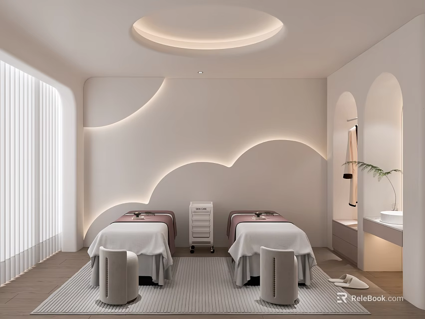 Beauty Salon Treatment Room With White Decor Soft Lighting Curved Walls Wooden Flooring And Stools 3d model 