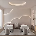 Beauty Salon Treatment Room With White Decor Soft Lighting Curved Walls Wooden Flooring And Stools