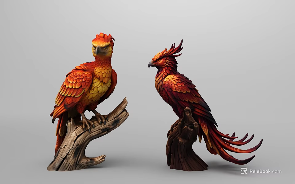 Colorful Bird Statues With Red And Yellow Feathers Perched On Wooden Branches 3d model 
